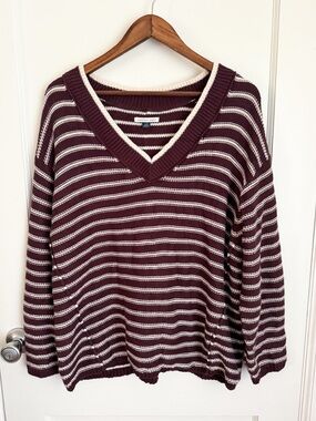 American Eagle Oversized Striped V-Neck Burgundy Knit Sweater